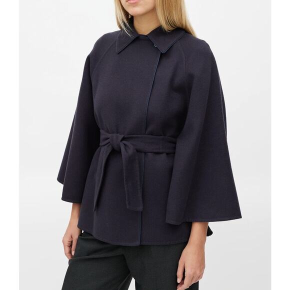 Max Mara Wool Belted Cape Coat Jacket Navy Blue Collar Button